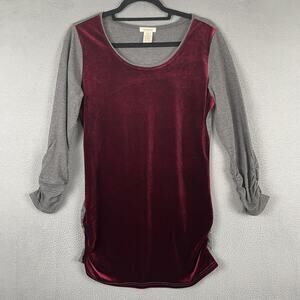 Sundance Dress Womens Medium Red Gray Velvet Tunic Long Sleeve Ruched Casual